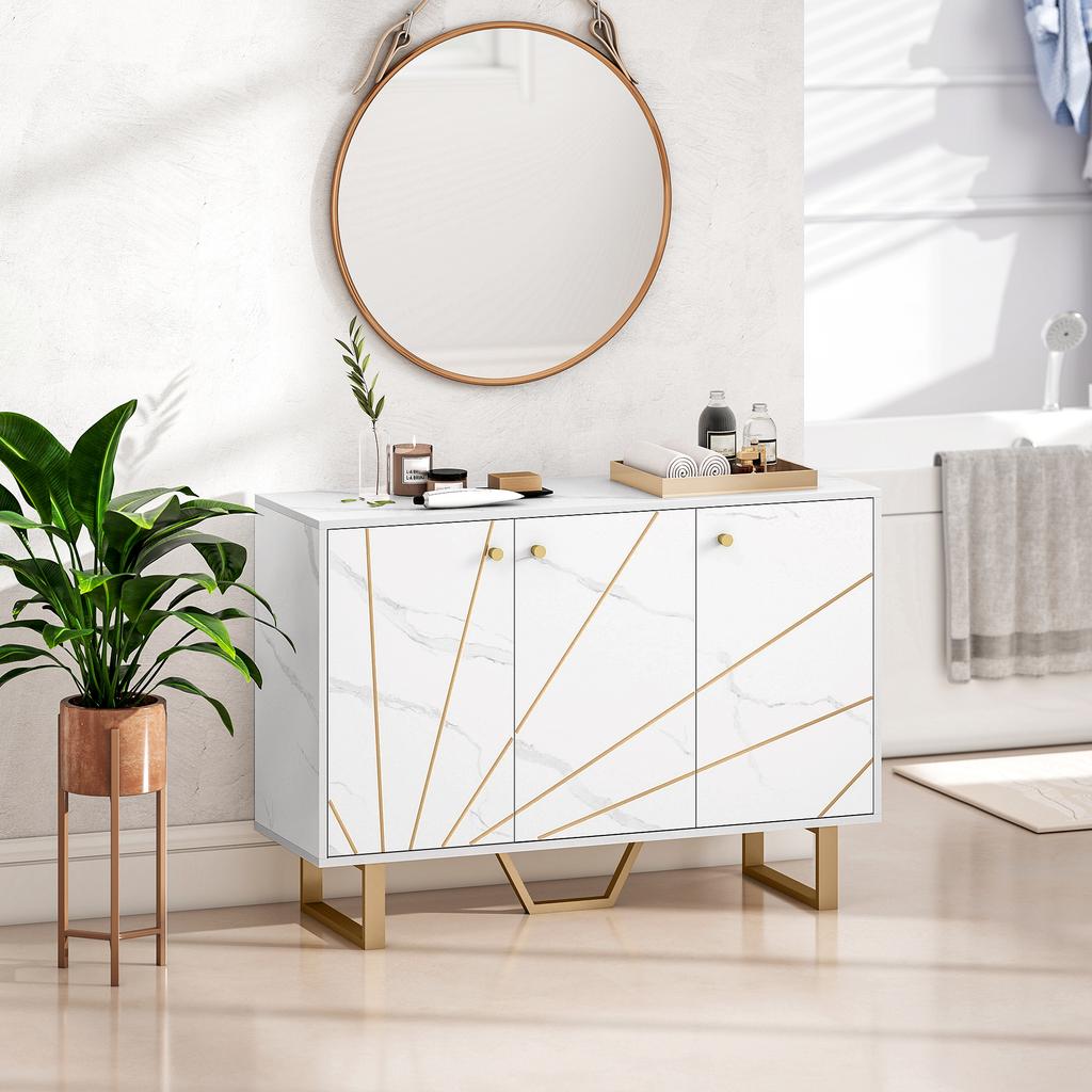 Living Room Sideboard, 2 Three-Door Cupboards, Adjustable Shelf, Metal Legs, White Marble Effect