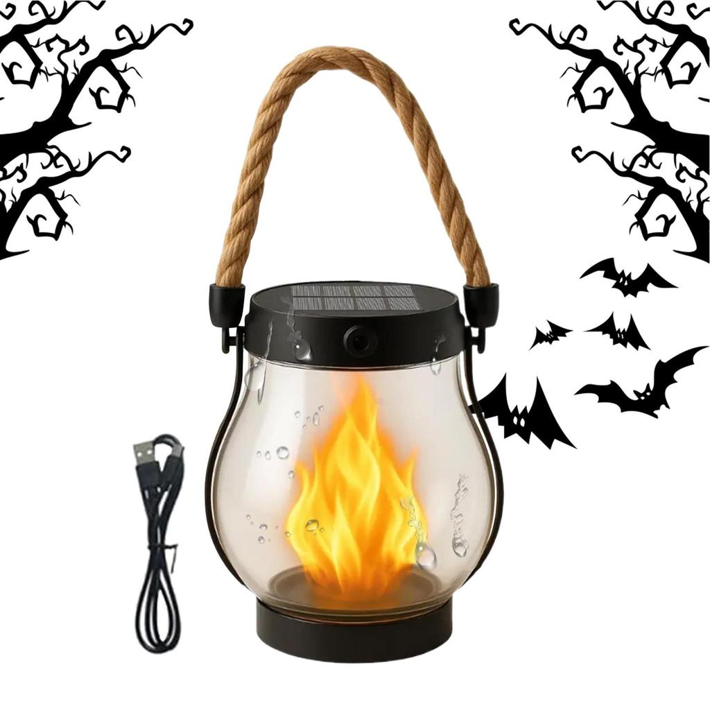 Halloween Flickering Flame Garden Lights Solar Lantern Outdoor Lights with Dancing Flames Hemp Rope Hanging Flickering Lights