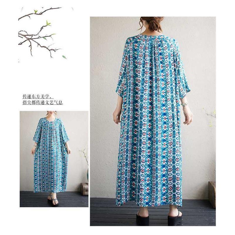 Literary Large Size Printing Women Loose Ethnic Style Dresses