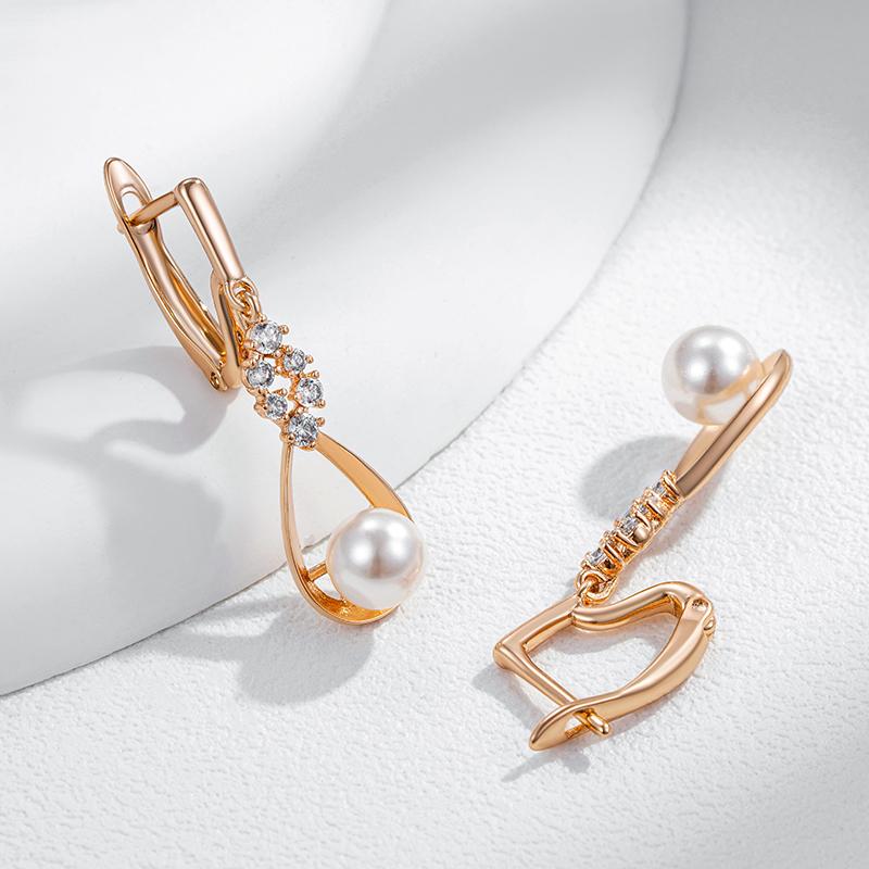 Luxury Unique Natural Zircon Pearl Long Drop Earrings For Women  Rose Gold Color Bridal Wedding Jewelry  New
