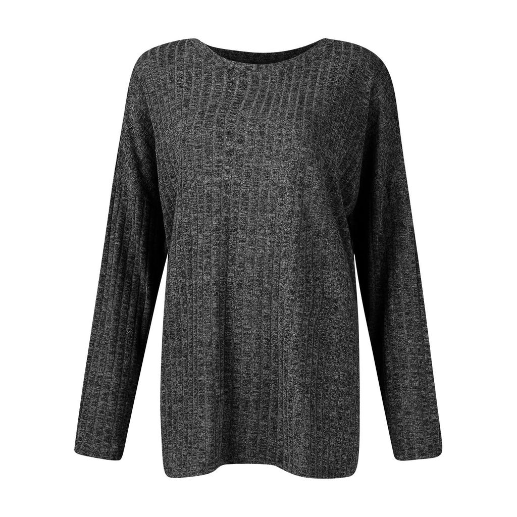 Women's Fashionable Solid Color Round Neck Long Sleeved Loose Fitting Pullover T-shirt Top
