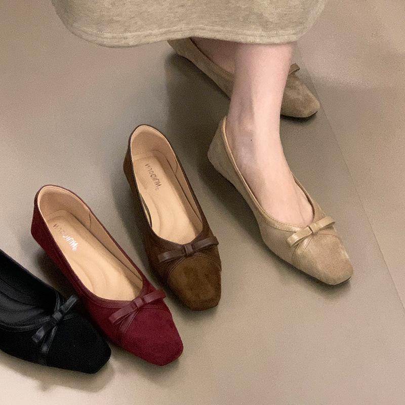 Spot version 2025 autumn new square head bow low heel casual single shoes one pedal light mouth ladyshoes commuter shoes