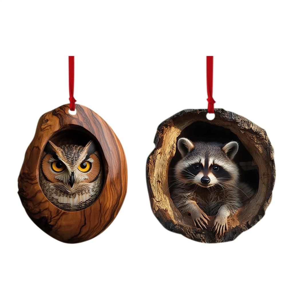 2D Flat Acrylic Raccoon Tree Pendant Christmas Tree Owl Pattern Ornament 2D Cute Acrylic Owl/Raccoon Animal Pendant
