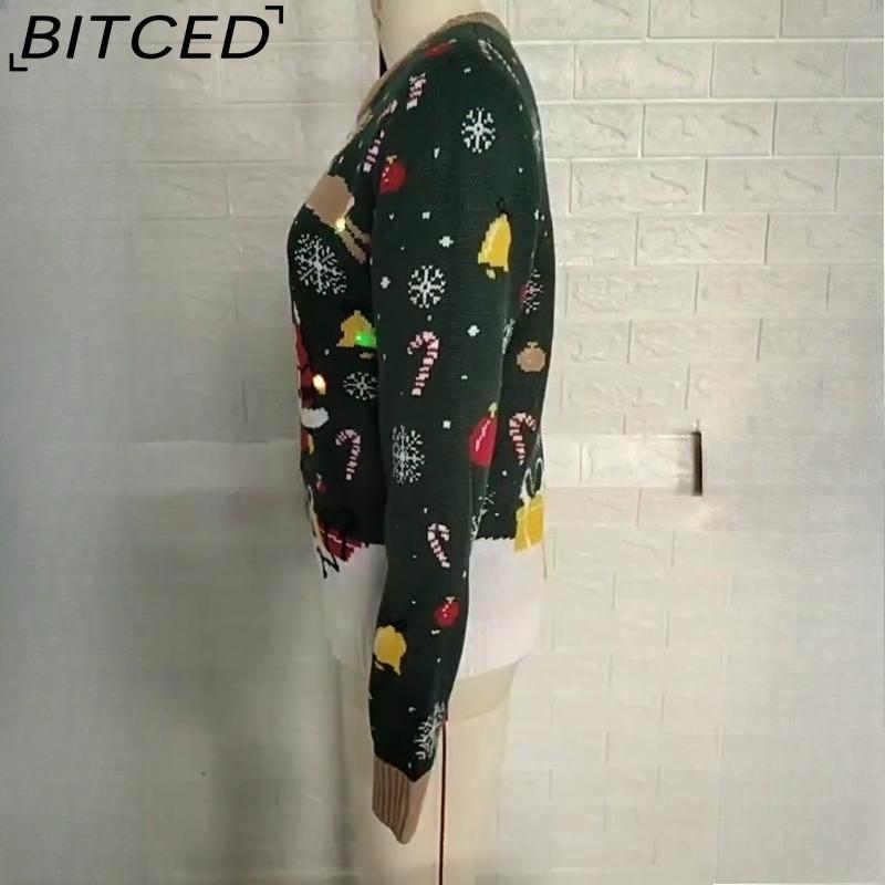 BITCED Plus Size Women's LED Colourful Lights Christmas Sweater Autumn/Winter Santa Claus O-Neck Pullover