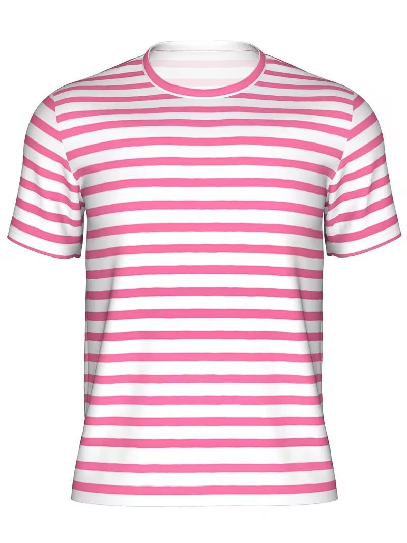 Sunny Days Essential: Playful Pink & White Striped Crew Neck Tee – Effortlessly Chic for Brunch, Beach & Casual Vibes! S