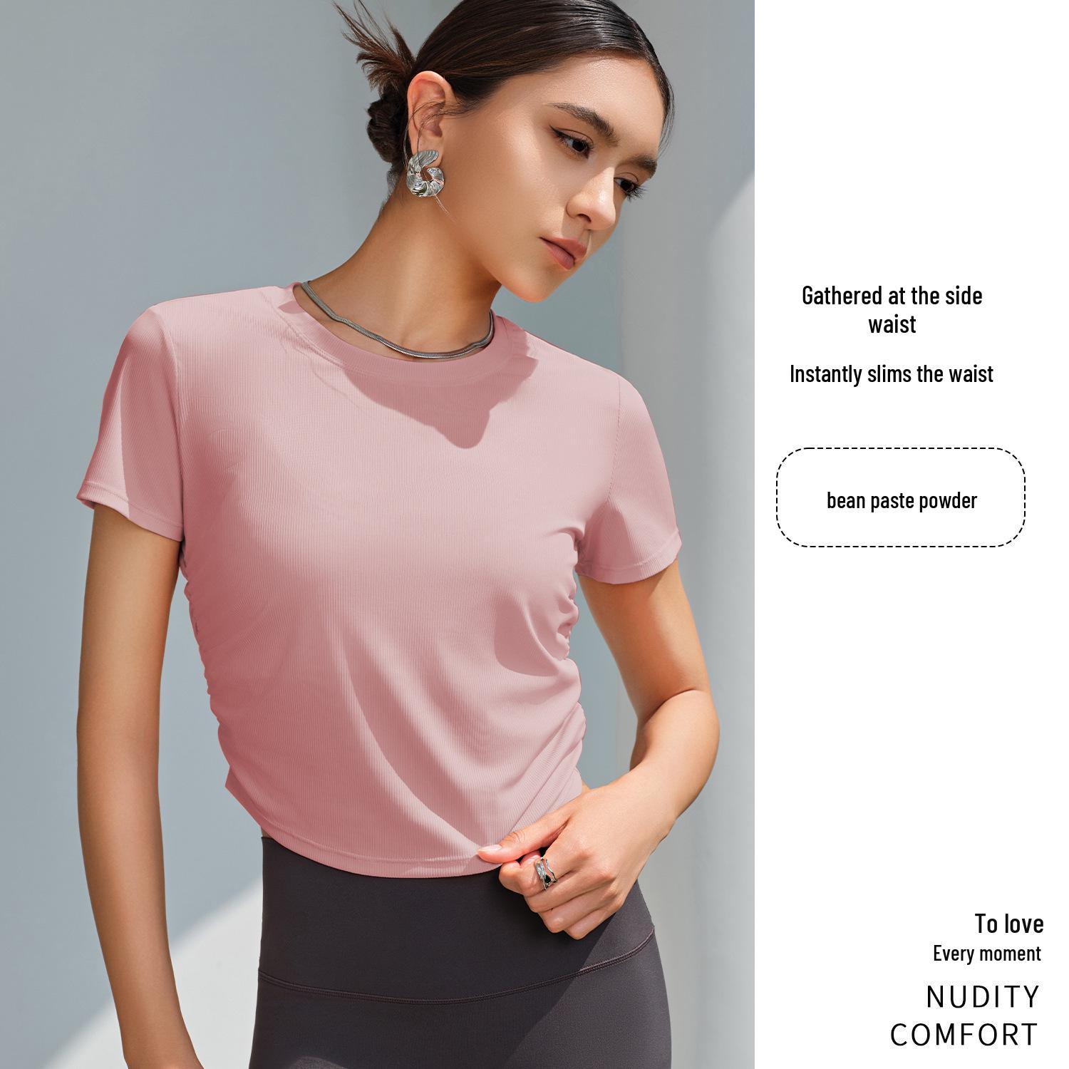 

Women s Quick-Dry Sports Top, Short Sleeve, Breathable, Slim Fit, Side Pleats, Round Neck, Ribbed, Yoga. L