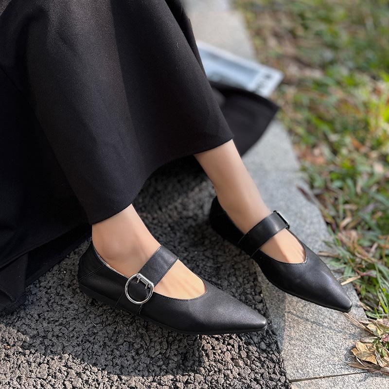Johnature Retro Mary Jane Pointed Toe Women's Shoes Versatile Genuine Leather Soft Soled Flat Shoes