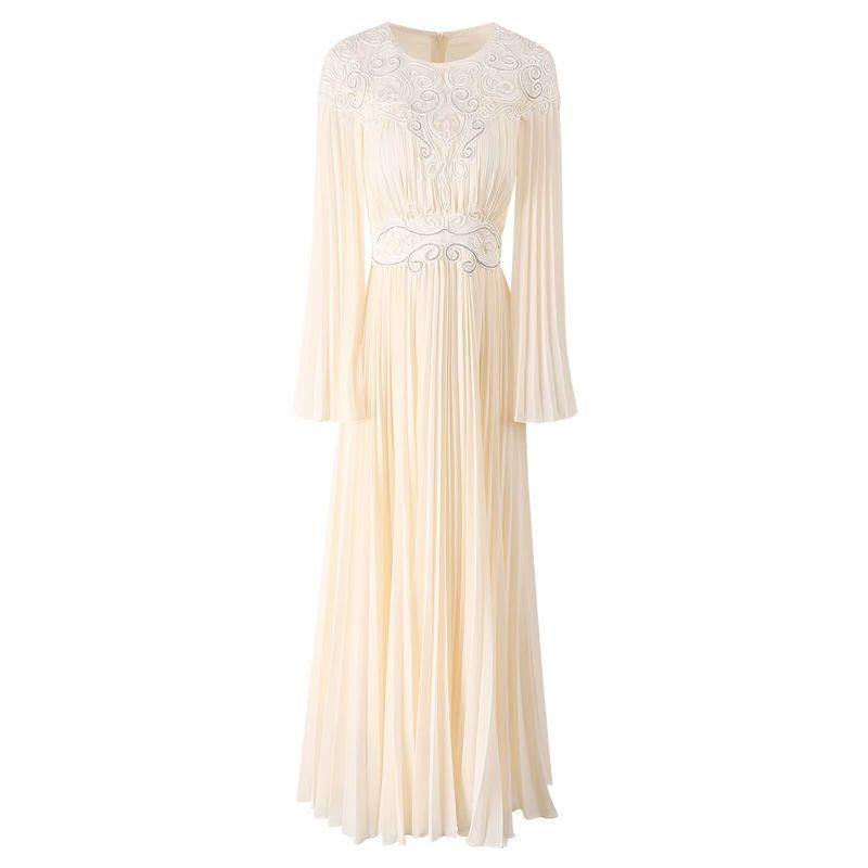

Palace Style 2025 Spring Summer New High end Plate Flower Embroidered Long dress Elegant Goddess Temperament Pleated Dress Beige S