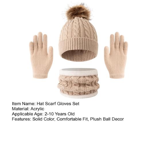 3Pcs/Set Women Hat Scarf Gloves Set Solid Color Plush Ball Decor Twist Texture Hat Fleece Lining Neck Warmer Gloves