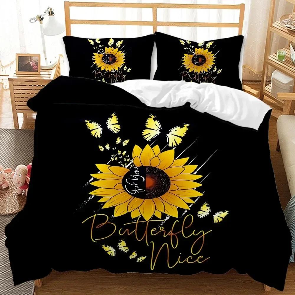 Sunflower Duvet Cover Set Yellow Flower Bedding Set Sunflower Botanical Floral Garden Bloom Print On Black Polyester Quilt Cover