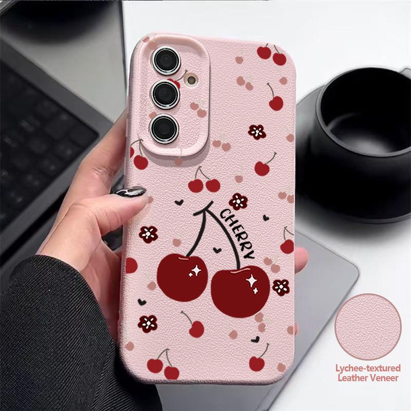 Cherry Bowknots Print Case For Samsung S26 Ultra S25 A18 S24 S23 S22 S21 FE A15 A16 A17 A35 A36 A37 A54 A55 A56 A57 Leather Texture Silicone Cover