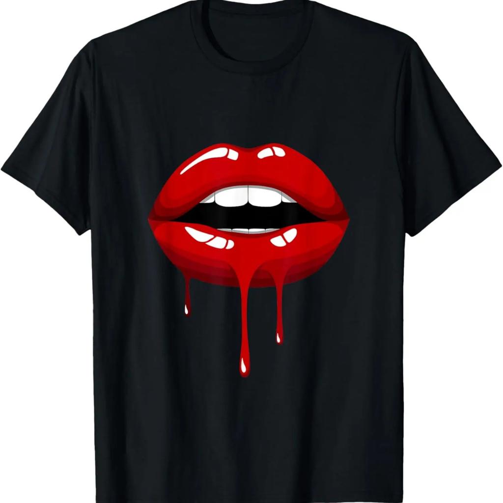 Cool Women Fashionable Red Lips Short Sleeve Graphic Design T-Shirt