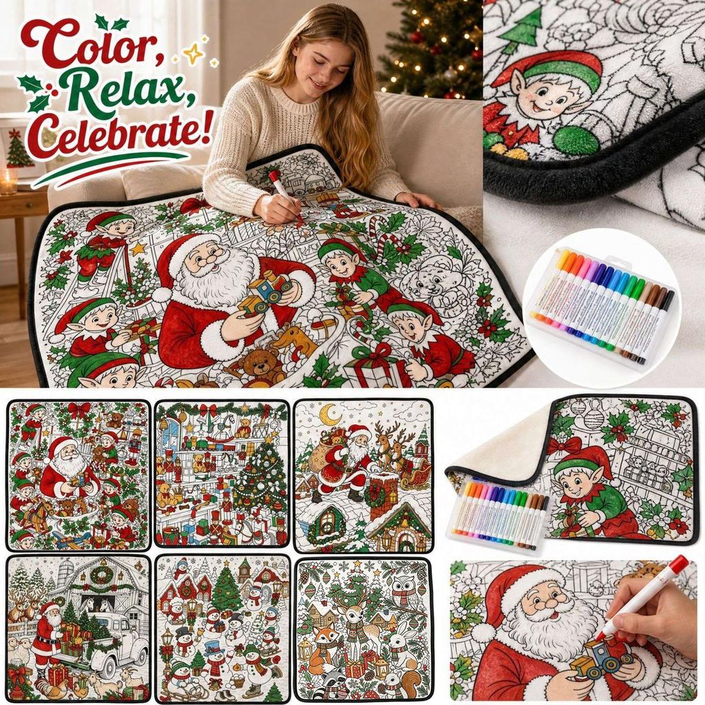 Christmas Doodle Coloring Blanket with Watercolor Pens, Soft Velvet for Creative Fun, 150 130 Cm