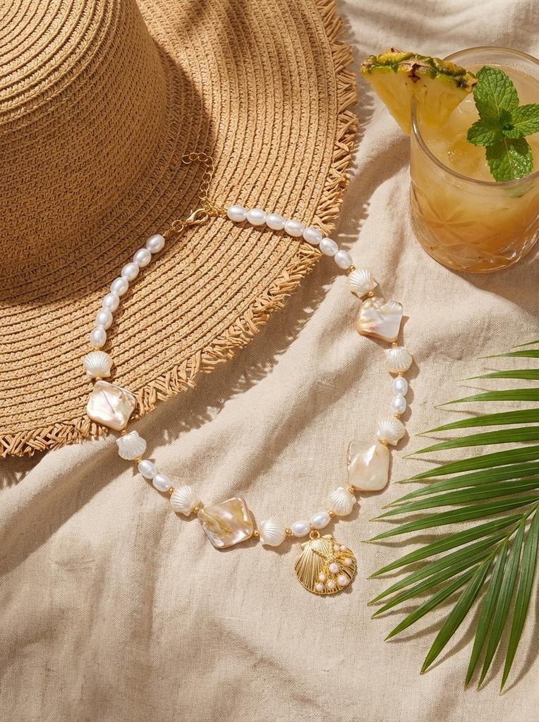 Bohemian Ocean Shell Faux Pearl Pendant Necklace Summer Beach Vacation Choker Fashion Jewelry