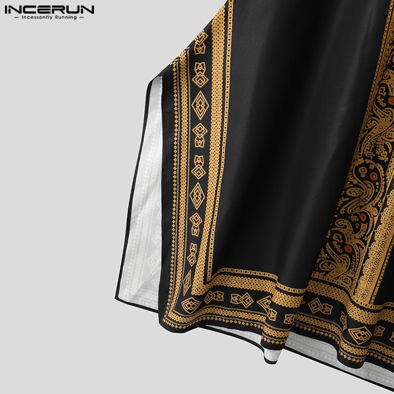 INCERUN Men Deep V Neck 3/4 Sleeve Floral Print Casual Loose Long Robes Tunic Tops