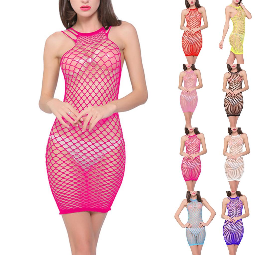 Women's Fishnet Bodycon Dress Sleeveless Mesh Sheer Mini Dress Stretchy Open Net Nightwear Clubwear