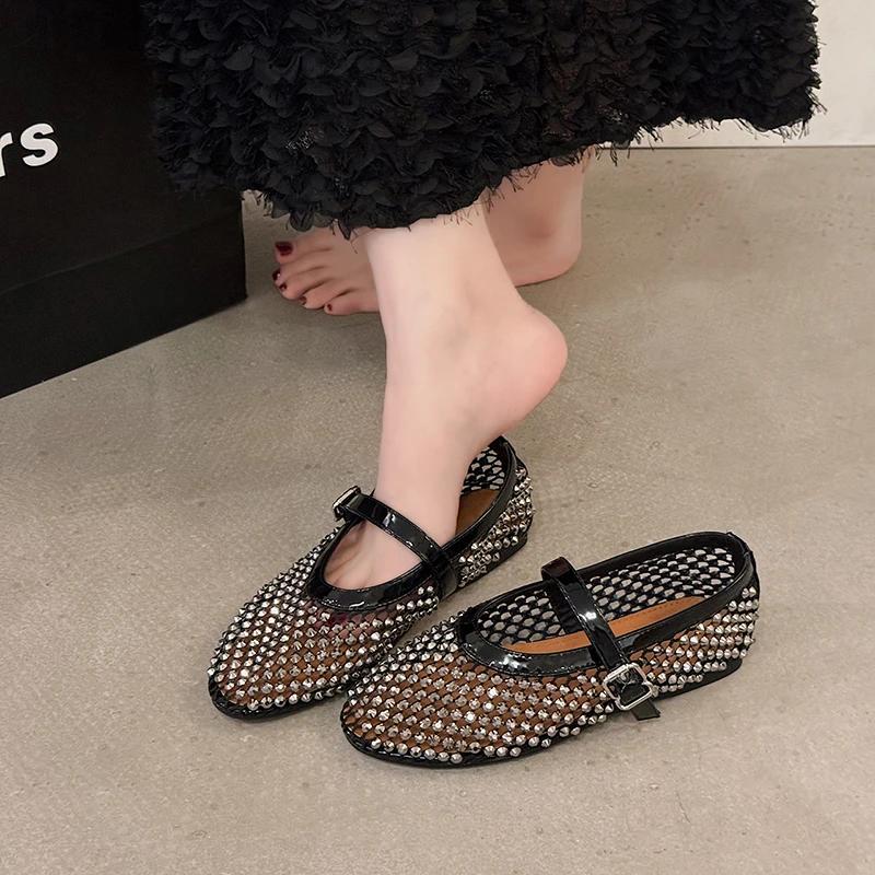 Mesh Ballet Flats Breathable Rhinestone Hollow Sandals Women Flats Retro Female Comfortable Shoes 35 чёрный