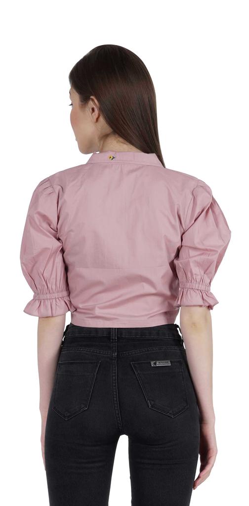 Moomaya Puff Sleeve Crop Top For Women Solid Button Down Collar Designer
