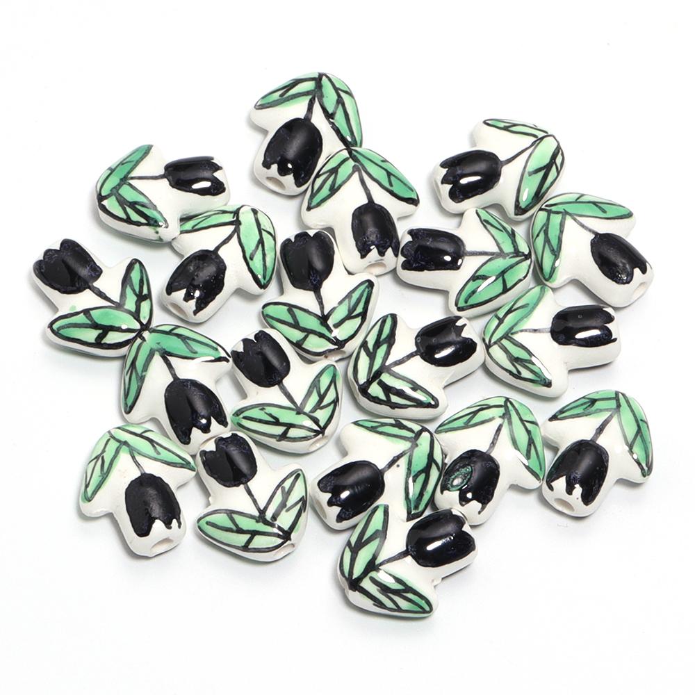 2Pcs 16x14mm Hand-painted Tulip Flower Ceramic Beads For Charm Jewelry Earrings Bracelet Making Porcelain Beads DIY Accessories чёрный