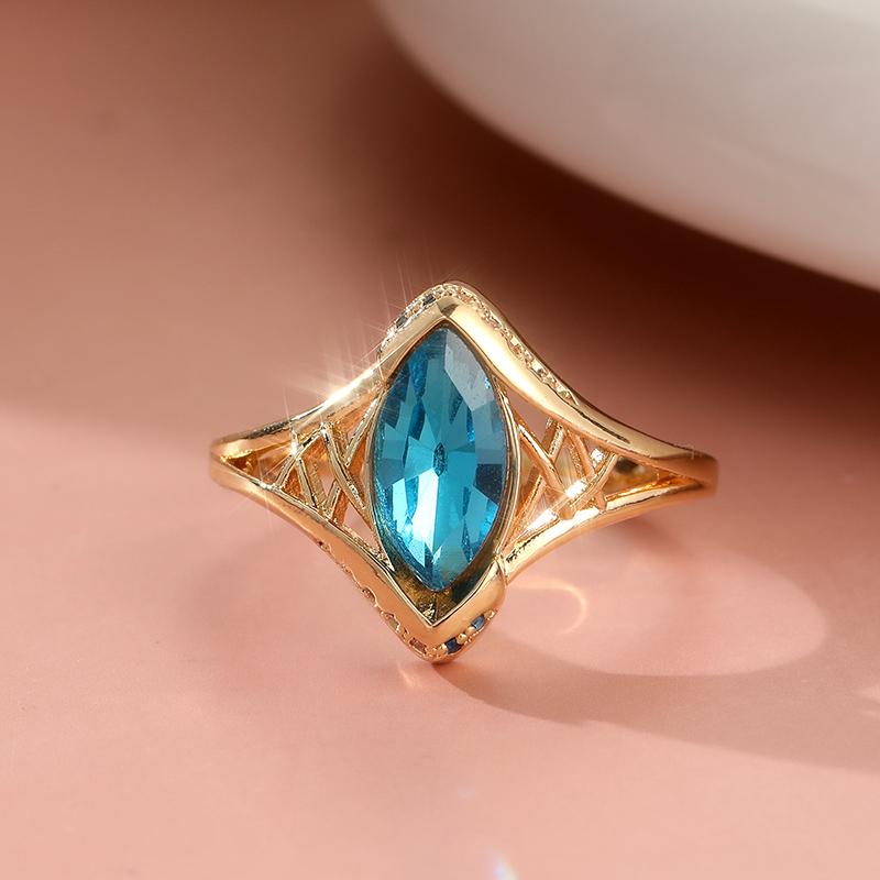 Dazzling Gold Color Inlaid Blue CZ Women's Ring Hollow Daily Wear Party Jewelry
