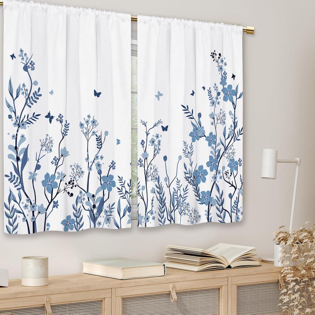 Watercolor Blue Flower Kitchen Curtains Short Cafe Window Curtains Botanical Leaves Rod Pocket Bathroom Window Drapes 2 Panels