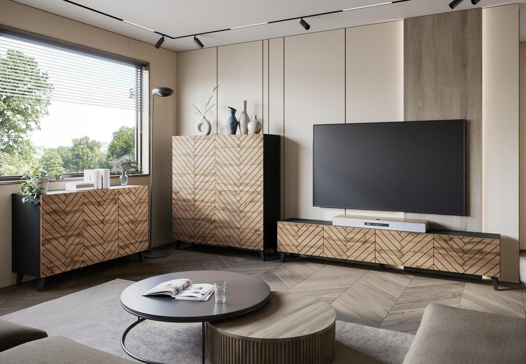 120 cm living room chest of drawers on legs, black graphite, MDF fronts wotan herringbone