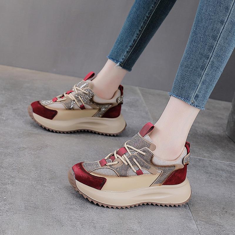 Fashion Women's Genuine Leather Retro Dad Shoes 2025 New Thick Soled Casual Sports Shoes Hot Stamping Trendy Footwear