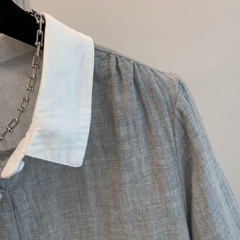 Lapel Contrast Color Quarter Sleeve Shirt Women's Retro Versatile Commuting Casual Loose Top