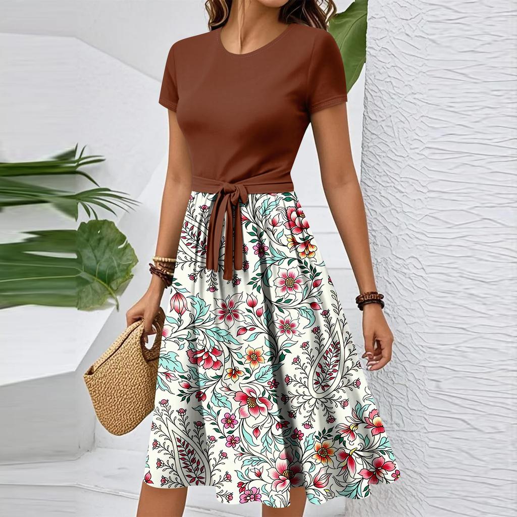 Damen Casual Mode Gürtel Vintage Bedruckt Kurzarm Rundhals Elegantes Kleid