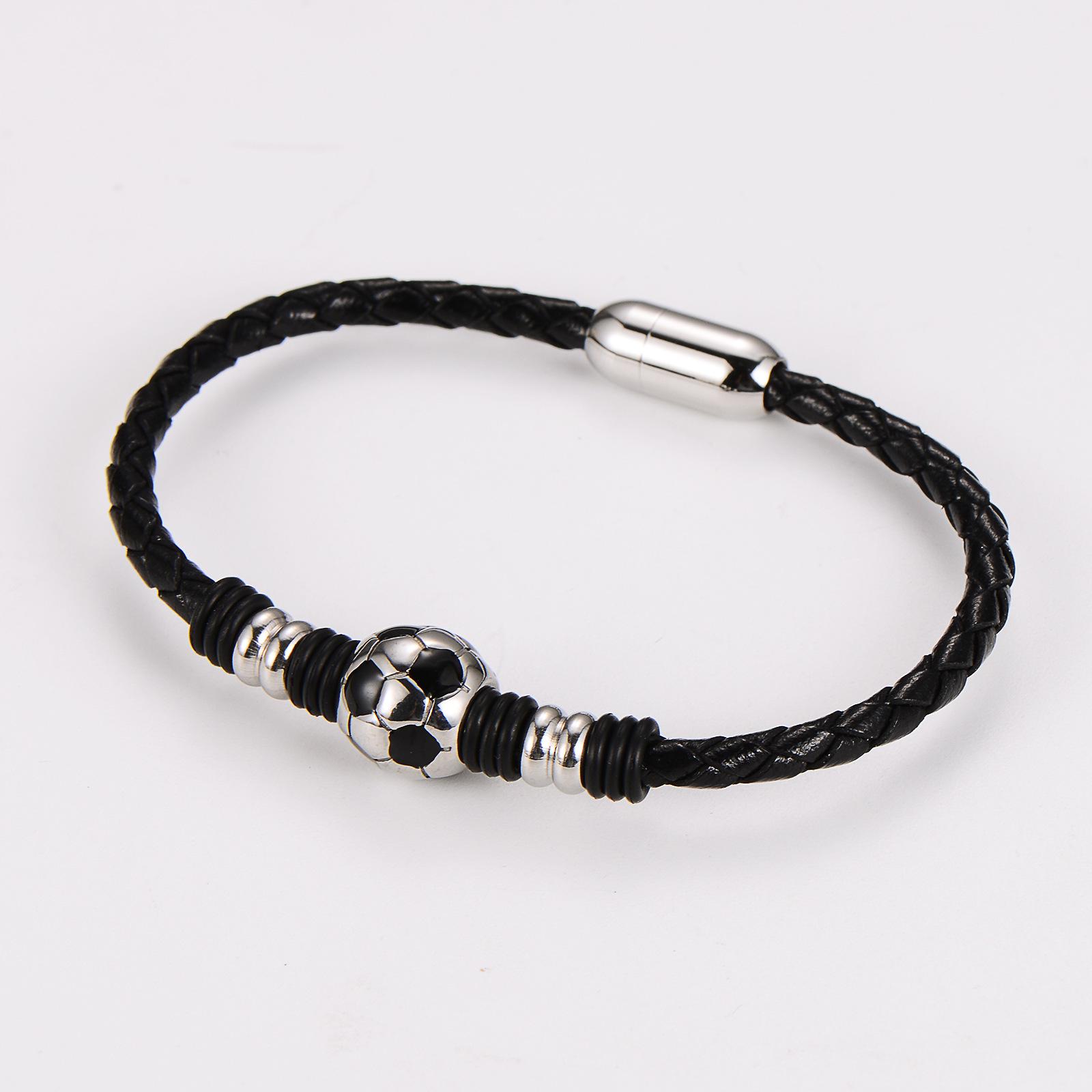Men s Stainless Steel & Leather World Cup Football Bracelet with Magnetic Buckle