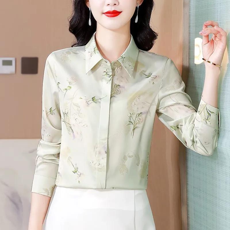 

Women s Floral Print Silky Satin Long Sleeve Elegant Office Shirt S зелёный