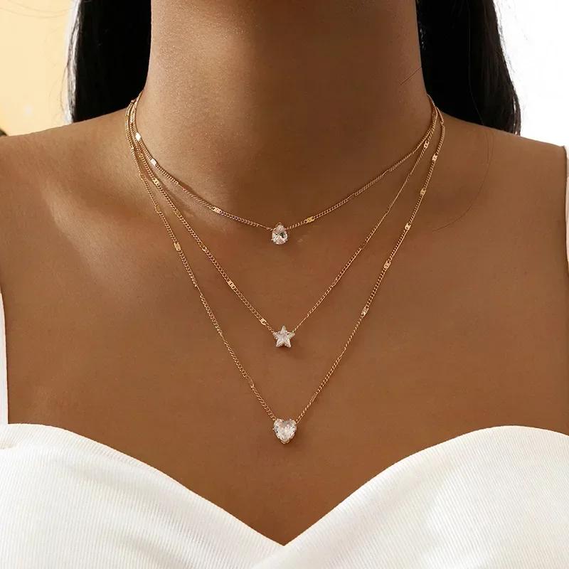 New Fashion Silver Color Double Layer Star Moon Necklace for Women Charm Delicate Zircon Stainless Steel Choker Chain Jewelry