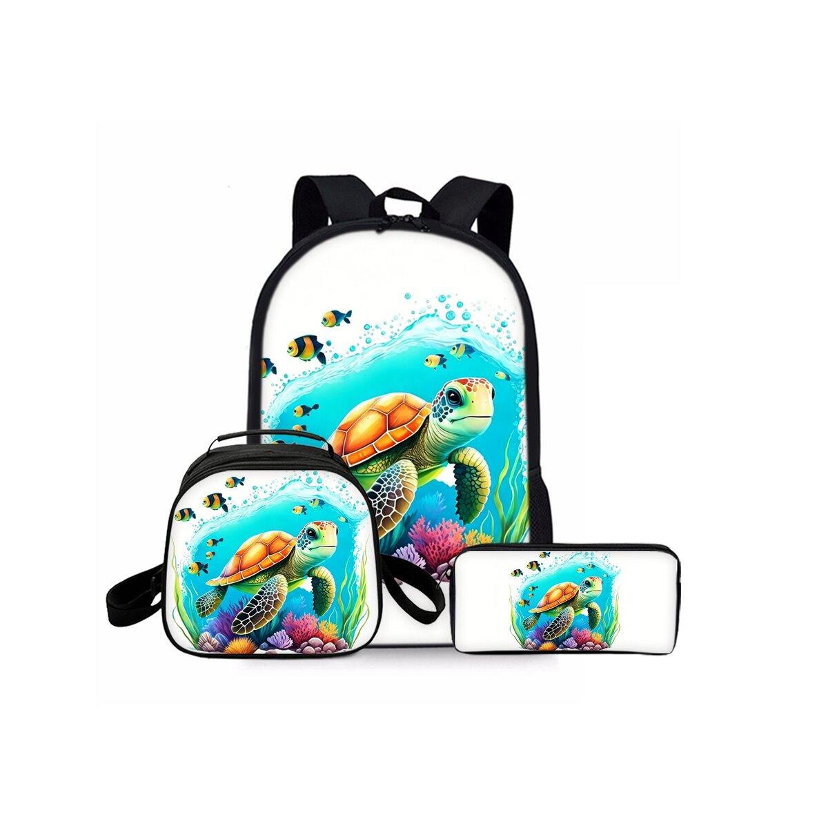 Zeeschildpad Koraalprint Drie Delig Set Rugzakken voor Jongen/Meisjes Beste Cadeau 2D Cartoon Modieuze Schooltas voor Kinderen