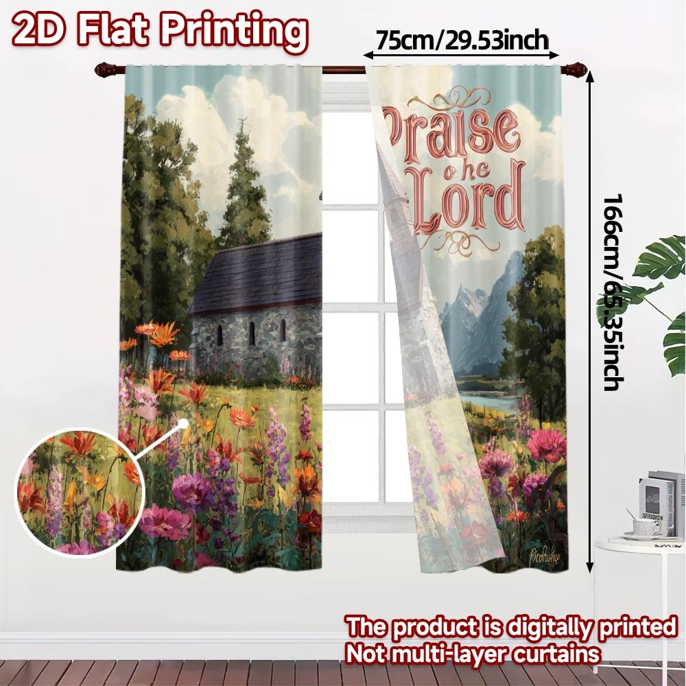 Set Of 2 Flat Printing Curtains Without Rod Country Chapel Popular Print Versatile Fabric Decorations Made Polyester