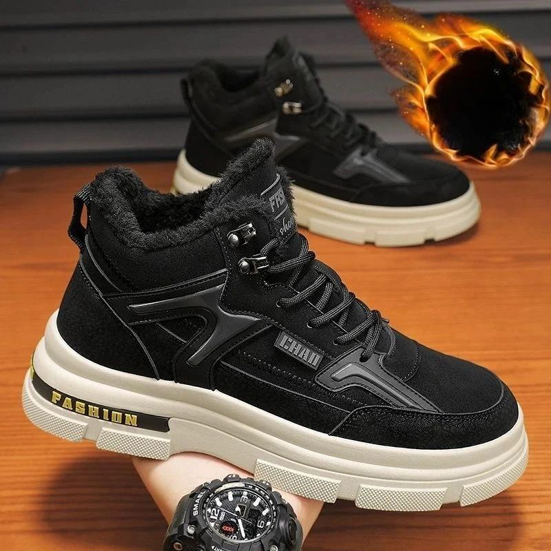 Fashion Winter Mens Boots Luxury Leather Casual Ankle Boots Fashion High Top Cotton Boot Thick Plush Warm Snow Boots Winter Men Sneakers