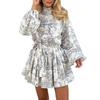 Spring 2025 Elegant Chinese Style Printed Dress with Long Sleeves and Lace-up