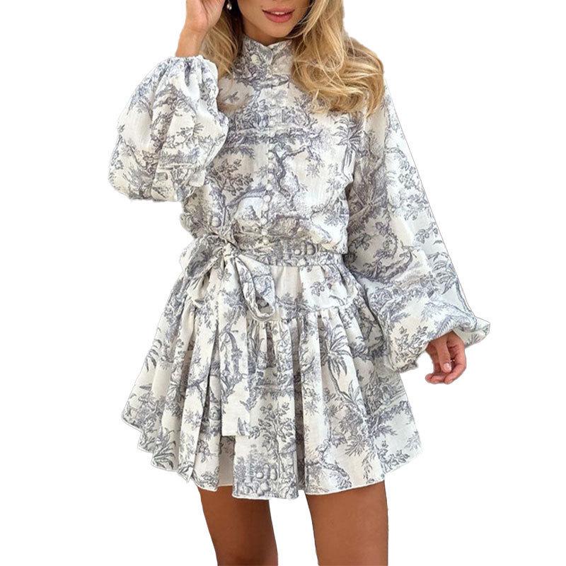 Spring 2025 Elegant Chinese Style Printed Dress with Long Sleeves and Lace-up