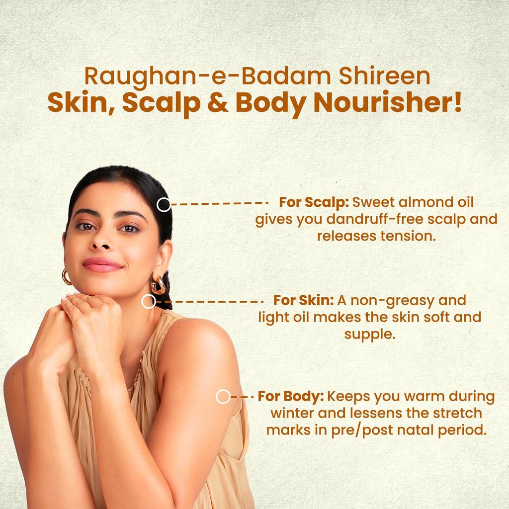 Hamdard RAUGHAN-E-BADAM SHIREEN Sweet Almond Oil for Body, Skin & Hair | 100ml | Natural Almond Oil | Helps Enhance Memory | Helps Relieve Constipatio