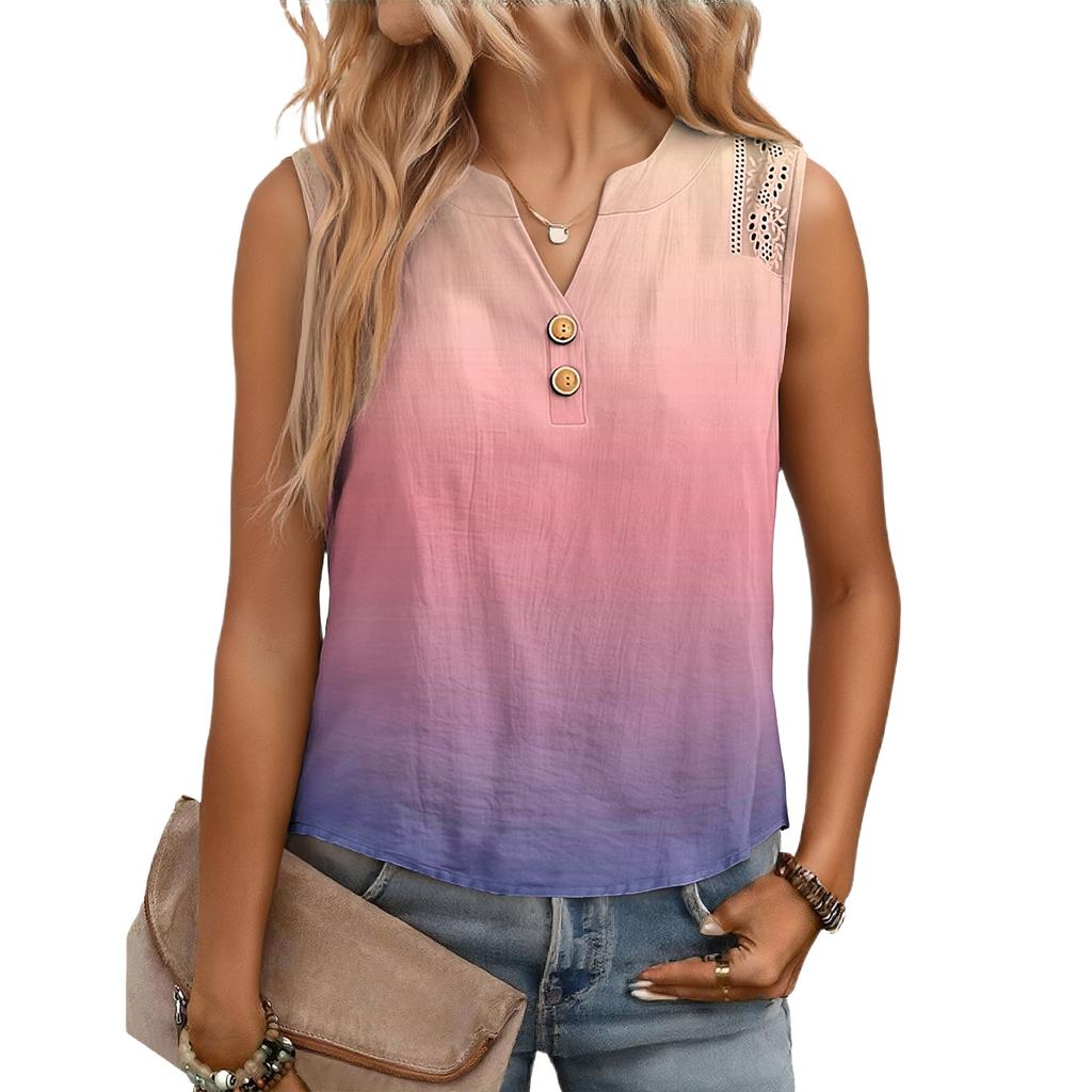 Women's Casual, Loose-Fitting, Printed, Sleeveless Linen Blouse