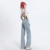 High Street Double-breasted Leather Brand Design Wide Leg Mopping Jeans Women's Spring and Summer New High Waist Straight Jeans