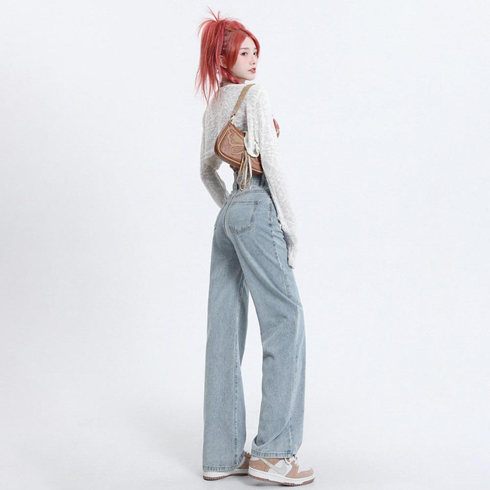 High Street Double-breasted Leather Brand Design Wide Leg Mopping Jeans Women's Spring and Summer New High Waist Straight Jeans