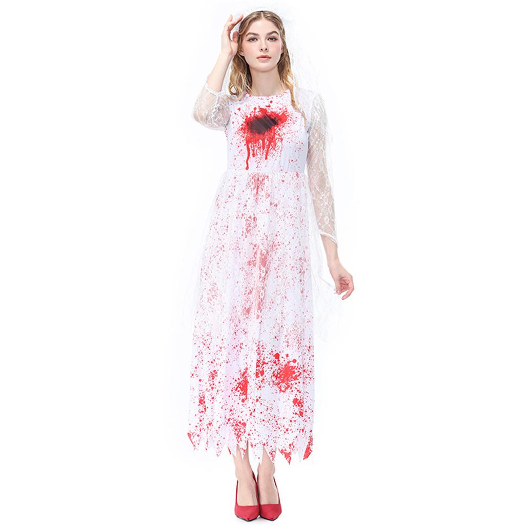Long Sleeve Lace Dress with Blood Stain Print and for Adult Scary Party Cosplay Halloween Costumes Bride Outfit for Women Halloween Costumes