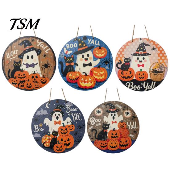 Waterproof Halloween Wall Art Boo Wood Door Hanger Sign with Cute Ghost Black Hat Pumpkin Print, Front Solid Yard Decoration Porch Decor, Round Wooden