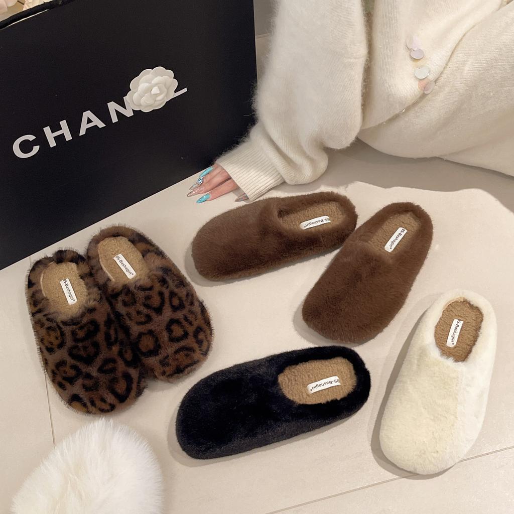 3cm2025 Niche White Plush Slippers Women's New Korean Version Retro Back Empty Autumn and Winter One-word Drag