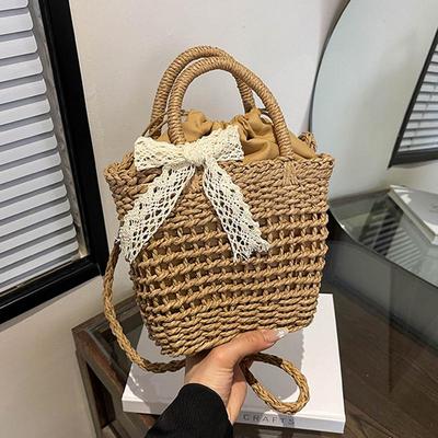 Luxusní designová kabelka pro ženy s krajkovou mašlí, ze slámového výpletu, ležérní crossbody kabelka, malá kbelíková taška, letní plážová taška
