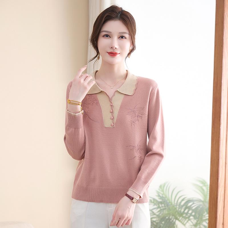 Mom's Autumn Knit Lapel Sweater Set – Long-Sleeve Top, Small Size for Middle-Aged & Elderly Women