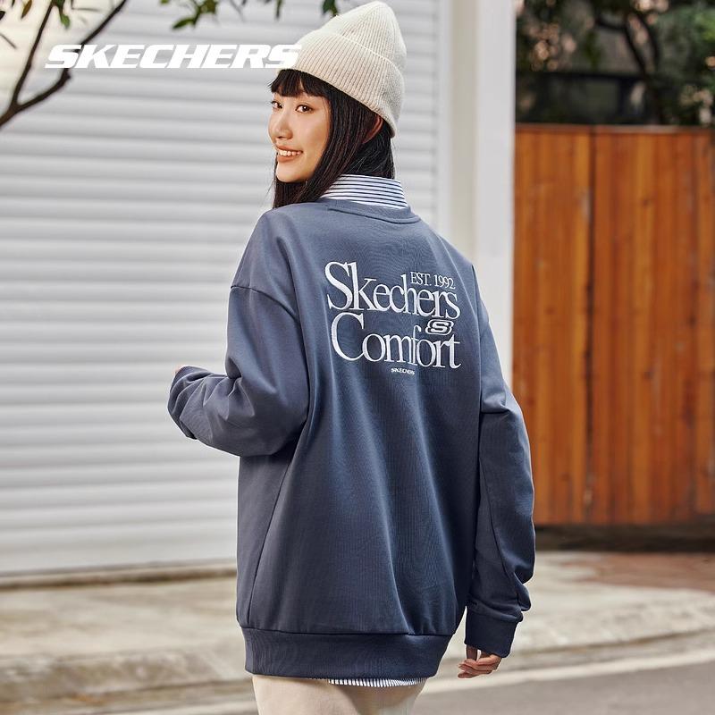 Skechers Simple College Knitted Embroidered Pullover Sweatshirt Unisex Sweatshirt Odyssey-Gray L324U107-026R