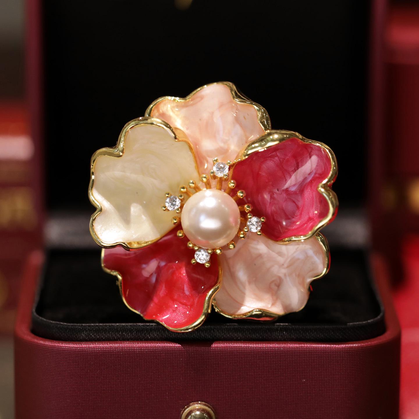 Elegant Handmade Enamel Peony Brooch with Freshwater Pearl