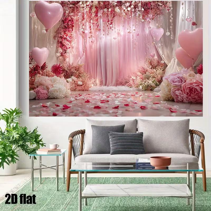 2D Flat Pink Love Party Backdrop Tulle Curtains & Rose Petals Engagement Background