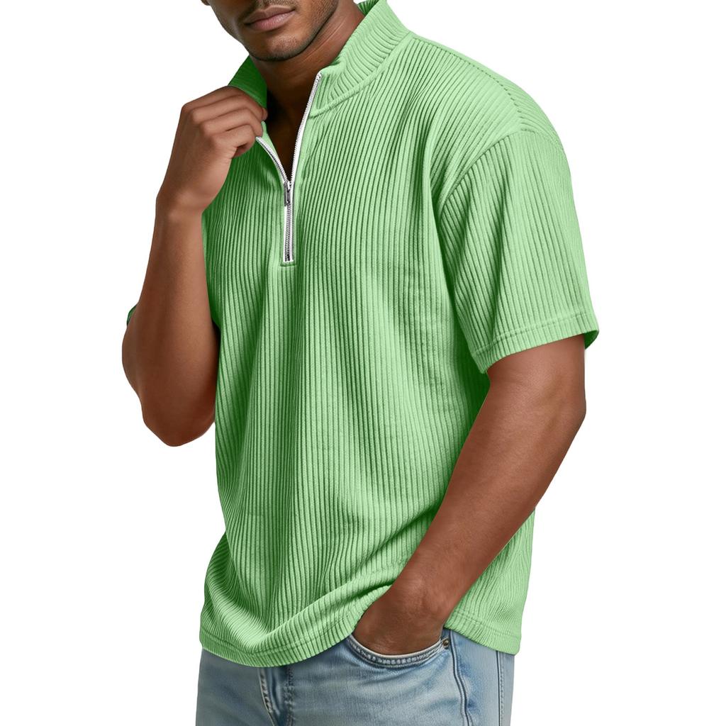 Top Pulóver Casual para Hombre de Manga Corta con Cremallera Media y Tejido de Canalé, Cuello Alto, Textura Suave, Corte Relajado, Camisa para Uso Diario